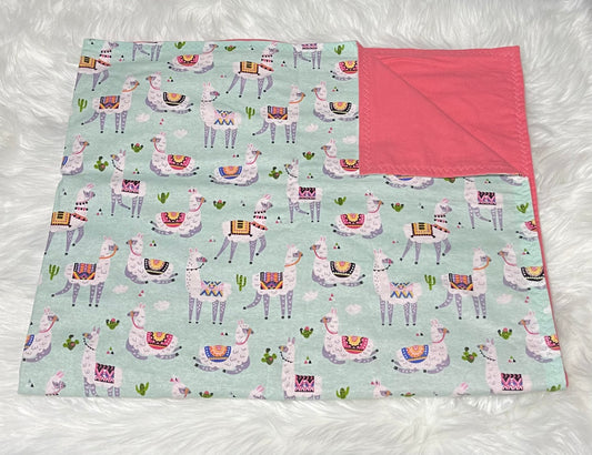 Pink and blue llama toddler blanket