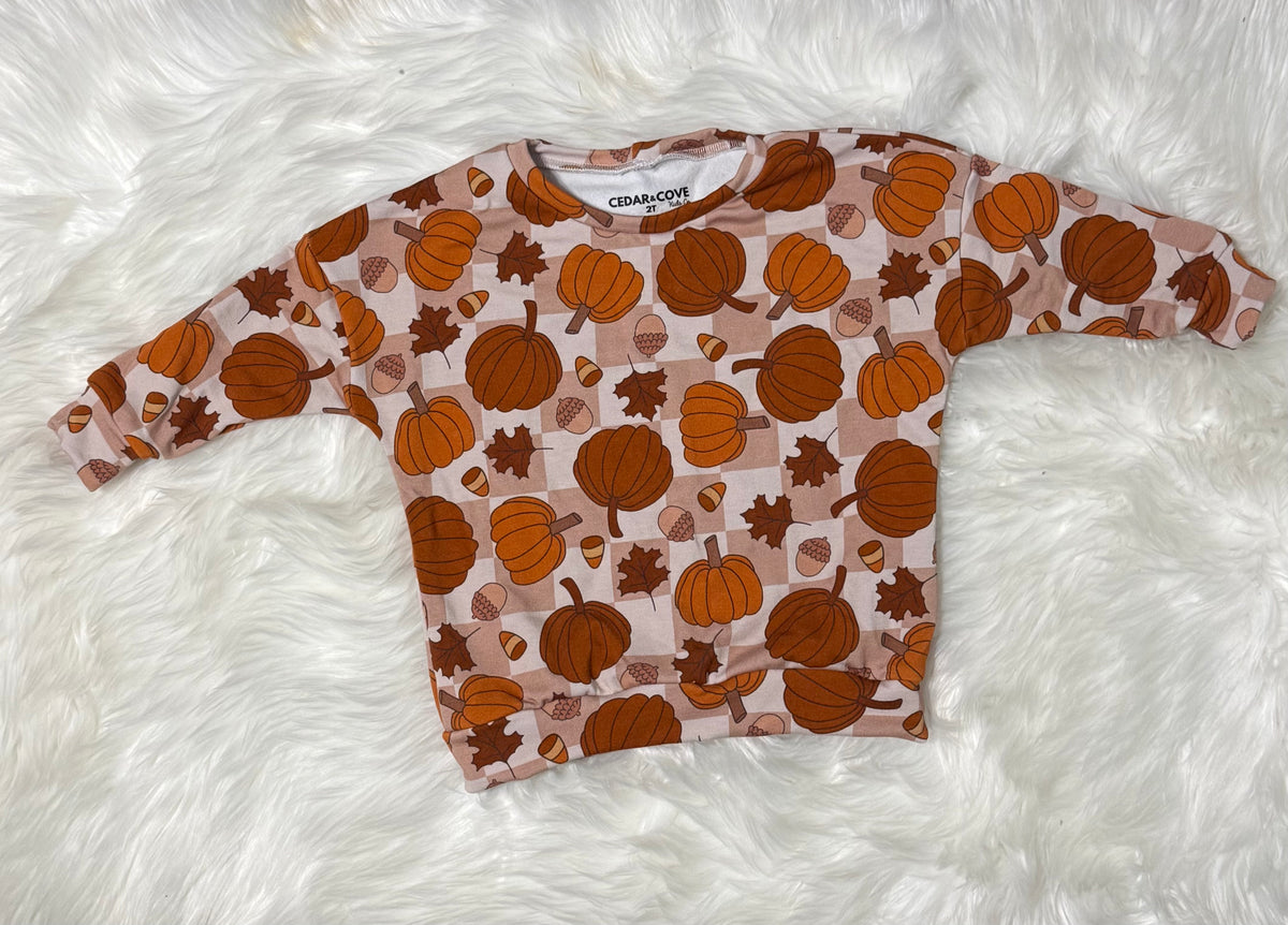 Fall Checkered Pumpkin Fleece Sweatshirt